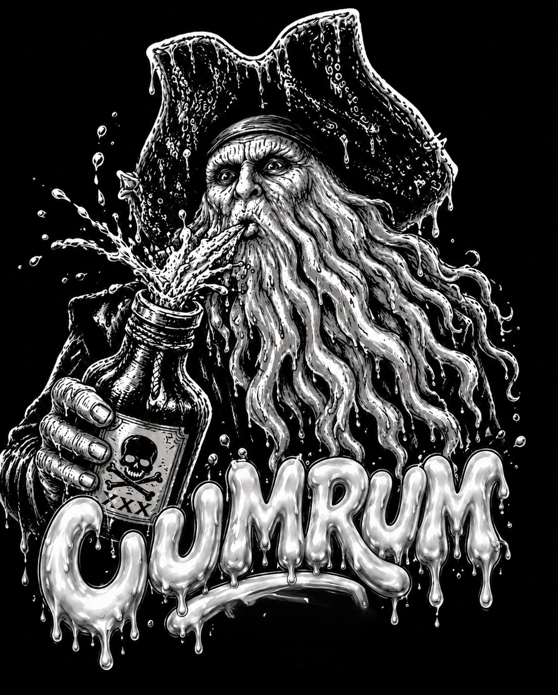 Black and white CUMRUM pirate bottle artwork